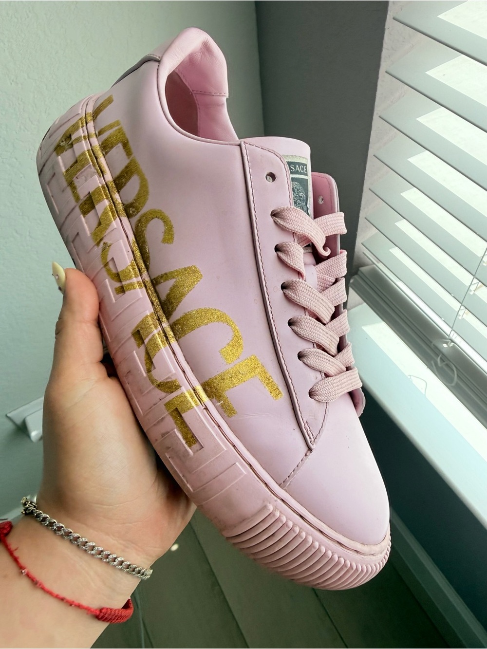 Versace Pink Leather Platform Sneakers with Gold Logo Script
